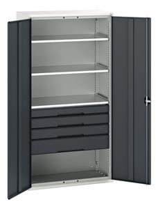 Verso kitted cupboard with 3 shelves, 4 drawers. WxDxH: 1050x550x2000mm. RAL 7035/5010 or selected Bott Verso Basic Tool Cupboards Cupboard with shelves